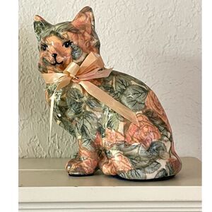 Vintage Porcelain Paper Mache Patchworks Calico Cat Figurine by Joan Baker Pink